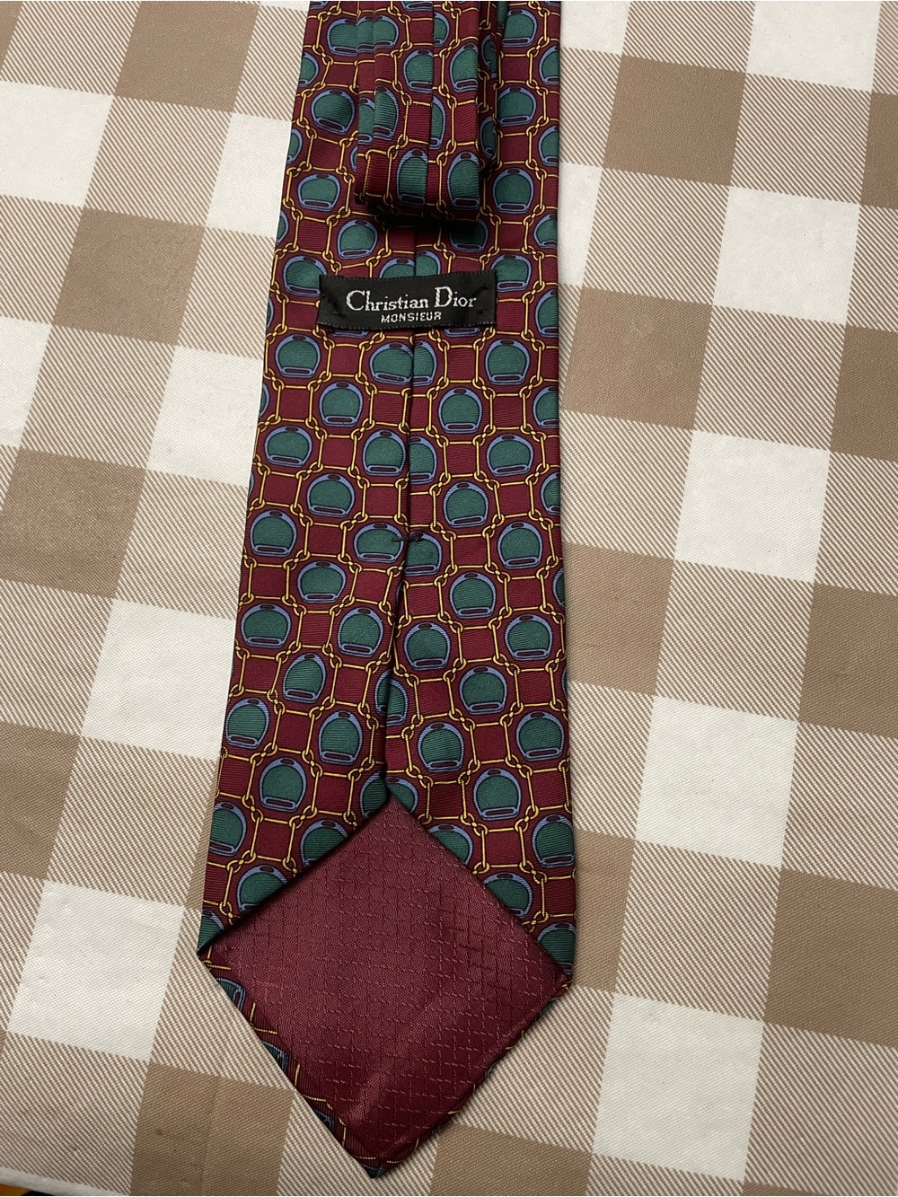 Dior Men’s Burgundy Silk Tie with Teal Geometric Motif